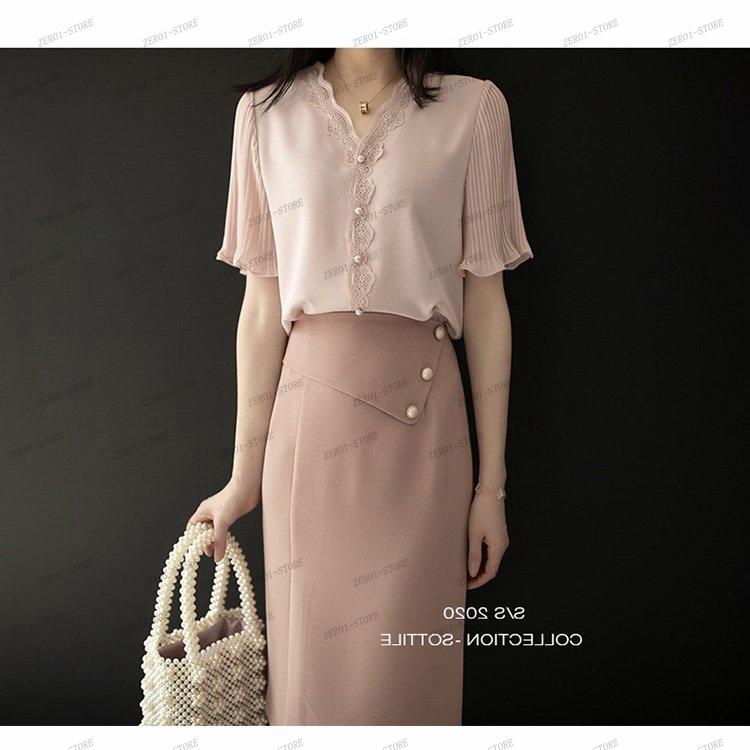 レディース  ブラウス 春夏 オシャレブラウス白 韓国風 半袖トップスシフォン レースVネックシャツ フレア袖トップス 薄手 大きいサイズ 上品 通勤OL |  | 04