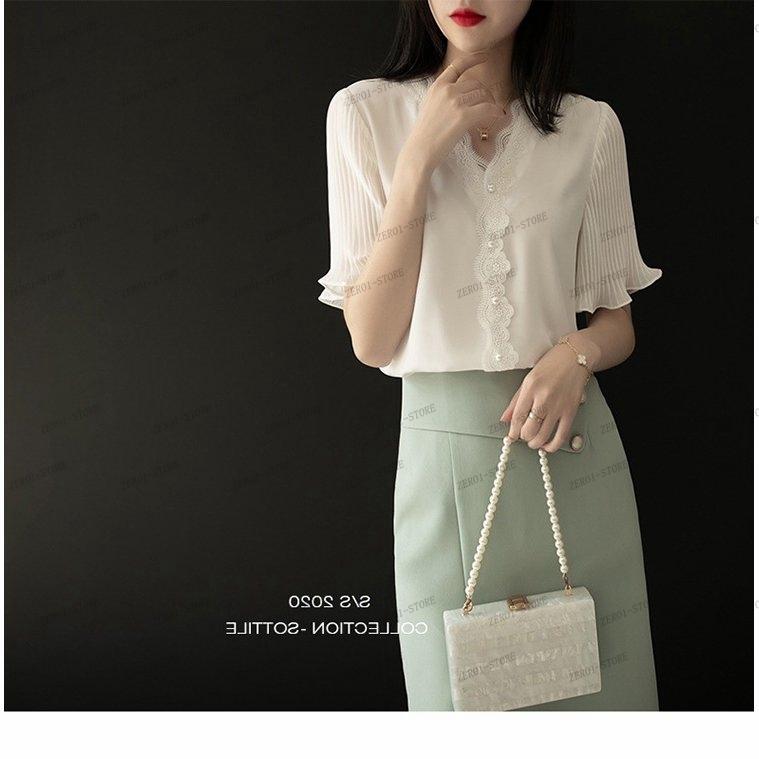 レディース  ブラウス 春夏 オシャレブラウス白 韓国風 半袖トップスシフォン レースVネックシャツ フレア袖トップス 薄手 大きいサイズ 上品 通勤OL |  | 05