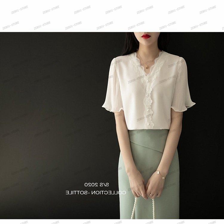 レディース  ブラウス 春夏 オシャレブラウス白 韓国風 半袖トップスシフォン レースVネックシャツ フレア袖トップス 薄手 大きいサイズ 上品 通勤OL |  | 08