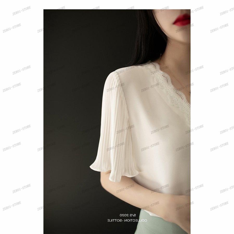 レディース  ブラウス 春夏 オシャレブラウス白 韓国風 半袖トップスシフォン レースVネックシャツ フレア袖トップス 薄手 大きいサイズ 上品 通勤OL |  | 09