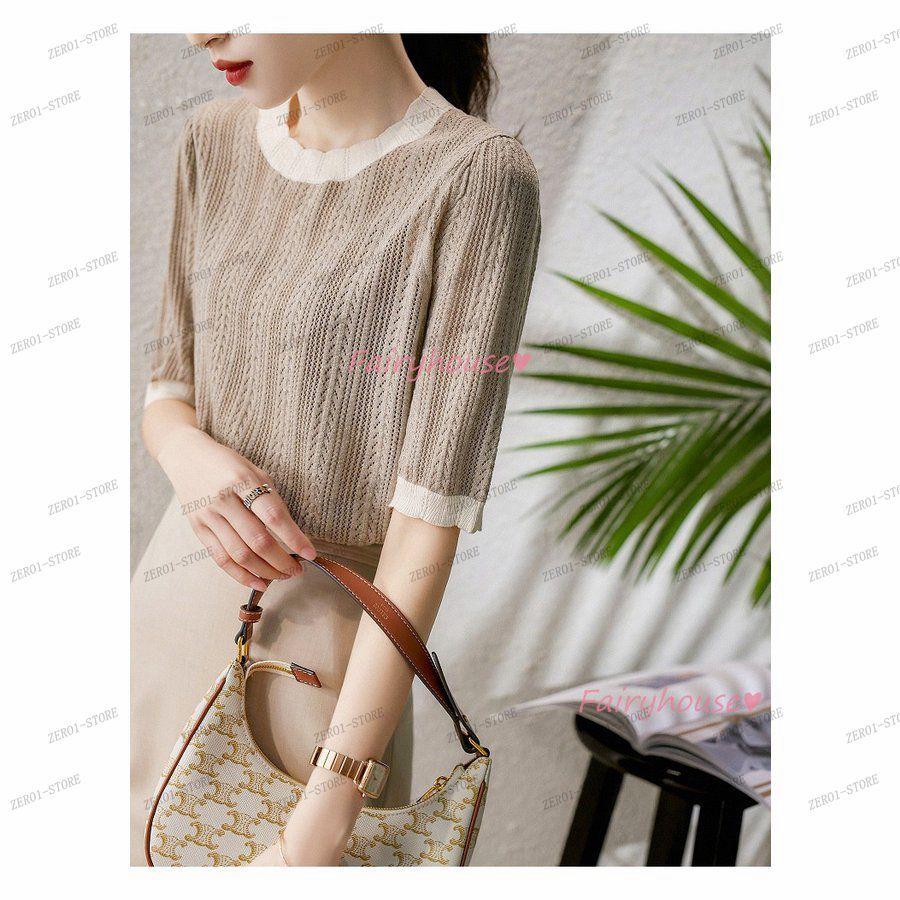 レディース 春夏新作 Tシャツ  半袖 ニットトップス 配色Tシャツ 透かし雕り レション ショット丈ニットソー ゆったりカットソー おしゃれ 大人 |  | 01