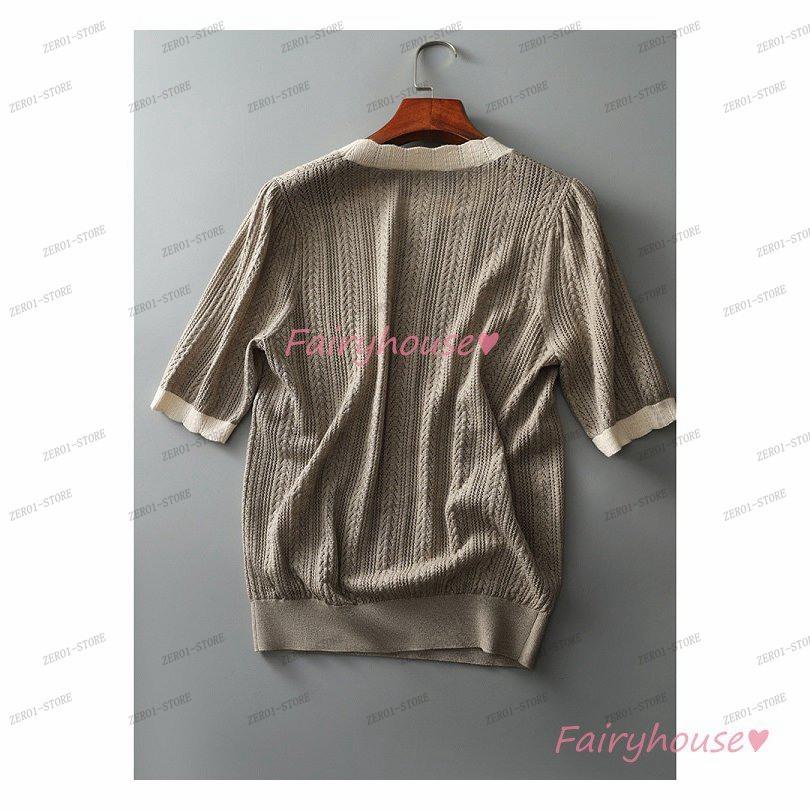 レディース 春夏新作 Tシャツ  半袖 ニットトップス 配色Tシャツ 透かし雕り レション ショット丈ニットソー ゆったりカットソー おしゃれ 大人 |  | 17