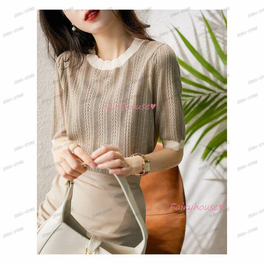 レディース 春夏新作 Tシャツ  半袖 ニットトップス 配色Tシャツ 透かし雕り レション ショット丈ニットソー ゆったりカットソー おしゃれ 大人 |  | 02