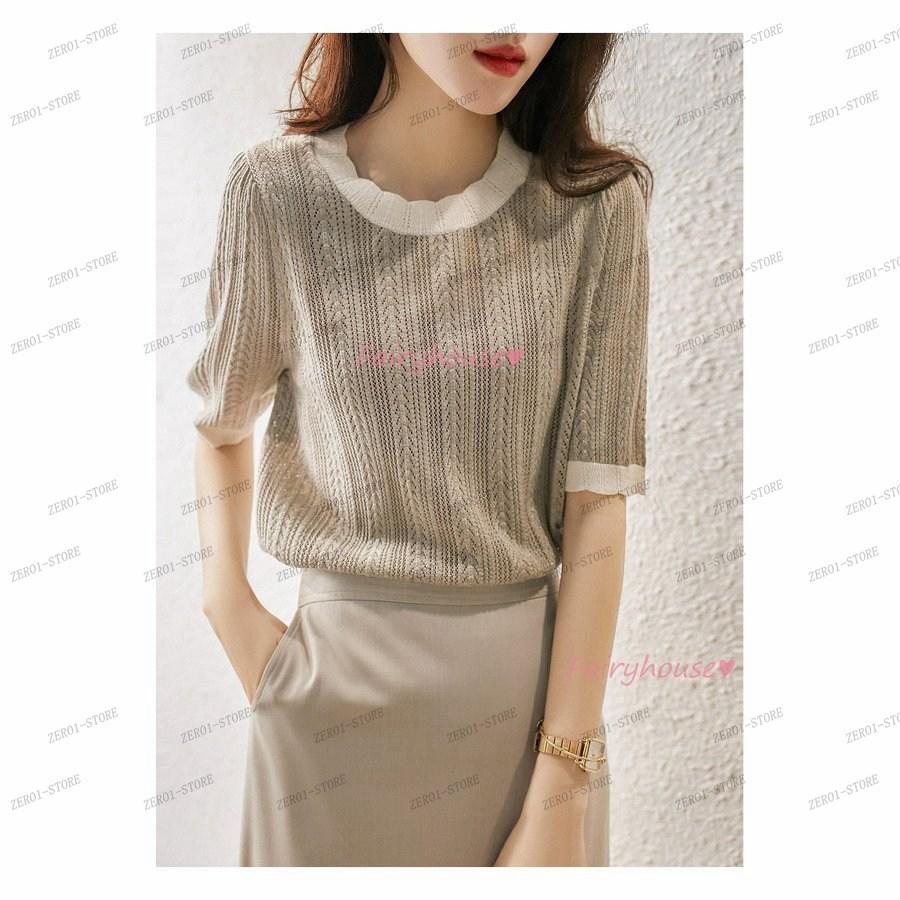 レディース 春夏新作 Tシャツ  半袖 ニットトップス 配色Tシャツ 透かし雕り レション ショット丈ニットソー ゆったりカットソー おしゃれ 大人 |  | 03
