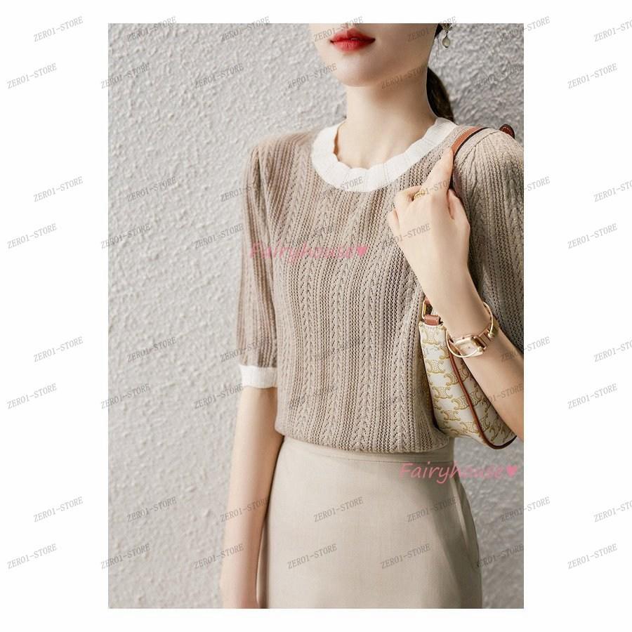 レディース 春夏新作 Tシャツ  半袖 ニットトップス 配色Tシャツ 透かし雕り レション ショット丈ニットソー ゆったりカットソー おしゃれ 大人 |  | 04