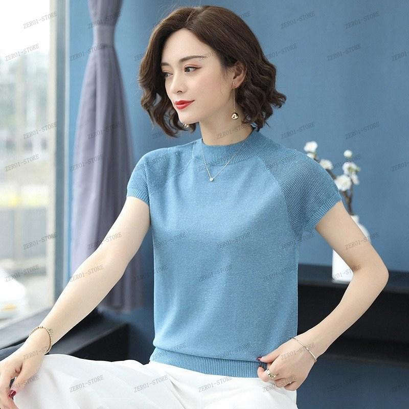 トップス レディース ニットTシャツ サマーニット 丸首 半袖 Tシャツ 無地 薄手 シンプル モックネック 夏向き カジュアル ストレッチ性 ５色