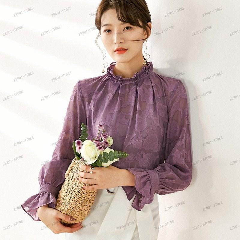 レディース トップス ブラウス シフォンシャツ 立ち襟 フリル付き ベルスリーブ 花柄 透かし 透け感 春物 エレガント 上品