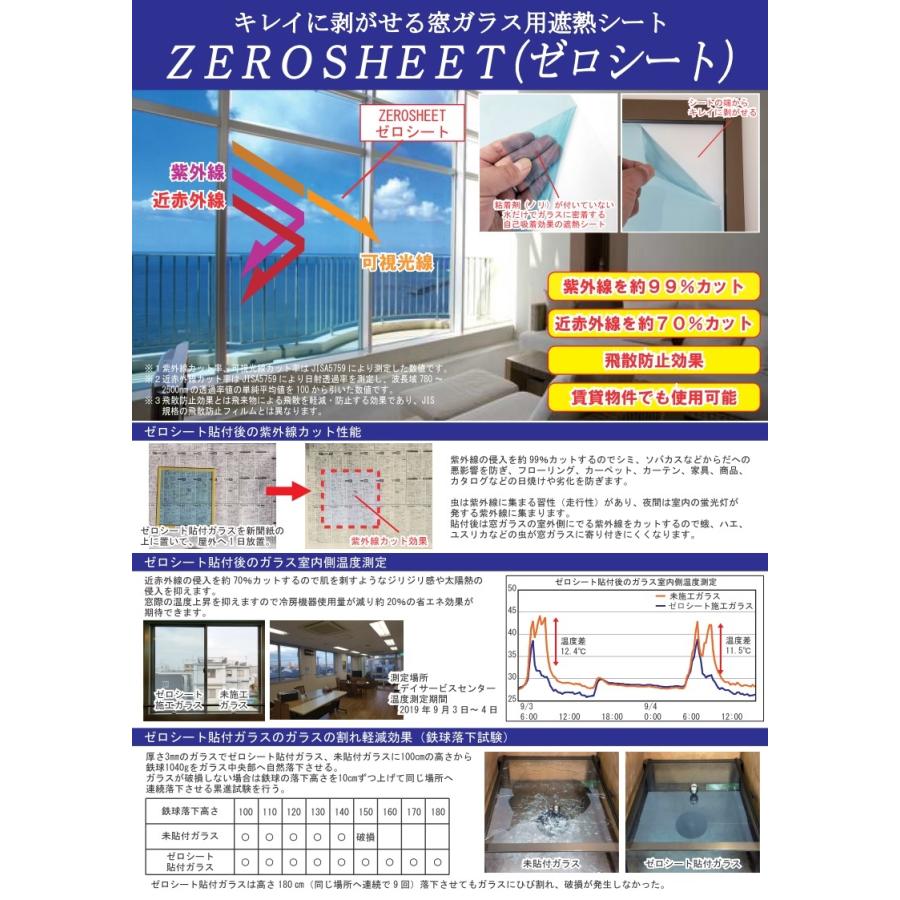 遮熱シート 遮熱フィルム 紫外線カット 近赤外線カット 飛散防止効果 ZEROSHEET ゼロシート 遮熱のプロが開発した 貼って剥がせる 窓ガラス用