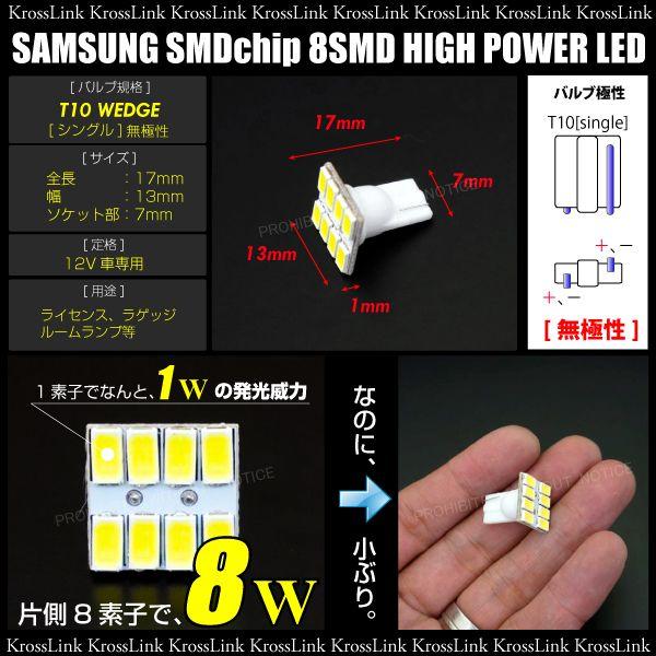 T10 LED ウェッジ球 ホワイト 面発光 サムスン LEDチップ 8W 無極性 2