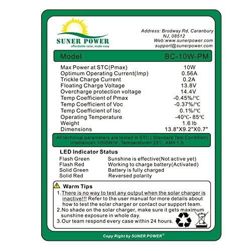SUNER POWER 12 V防水太陽電池トリクルチャージャー&メンテナ10 Wソーラーパネル内蔵インテリジェントMPPTソーラー充電