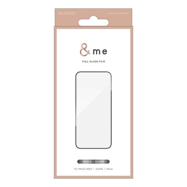 iPhone16Pro用画面保護ガラスフィルム [＆Me] 高透明タイプのラインストーン風フレームデザイン: PM-A24CFLGGRSSV | 