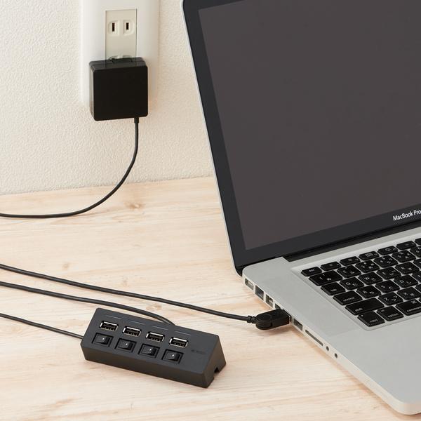 個別スイッチ付USB2.0ハブ 4ポート ACアダプタ付 接続デバイスごとに電源供給をON/OFF 消費電力の大きなUSB機器が使える: U2H-TZS428SBK｜zettaplace｜03