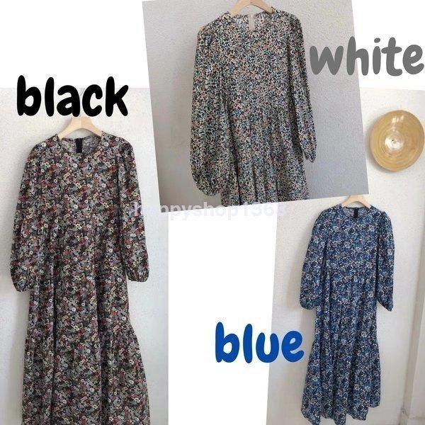 レトロワンピース ロング ワンピース Flower フラワー 花 白 青 黒 春夏秋 オフィス 韓国 無地 ウエストスリム シャツ 長袖 ウエスト ホワイト ブラック ブルー 登場