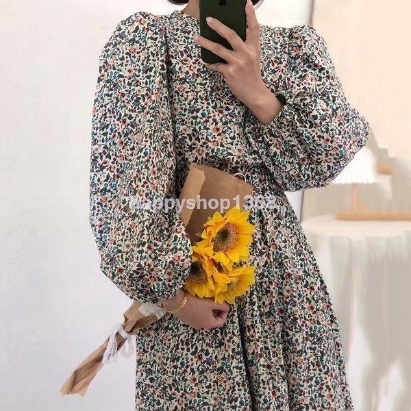 レトロワンピース ロング ワンピース Flower フラワー 花 白 青 黒 春夏秋 オフィス 韓国 無地 ウエストスリム シャツ 長袖 ウエスト ホワイト ブラック ブルー 登場
