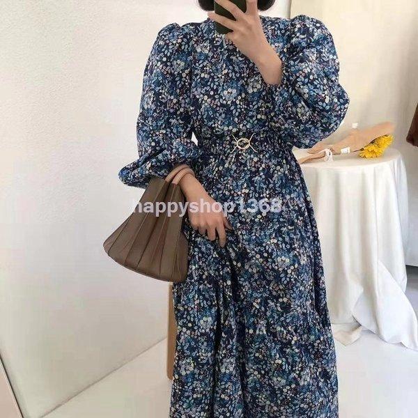 レトロワンピース ロング ワンピース Flower フラワー 花 白 青 黒 春夏秋 オフィス 韓国 無地 ウエストスリム シャツ 長袖 ウエスト ホワイト ブラック ブルー 登場