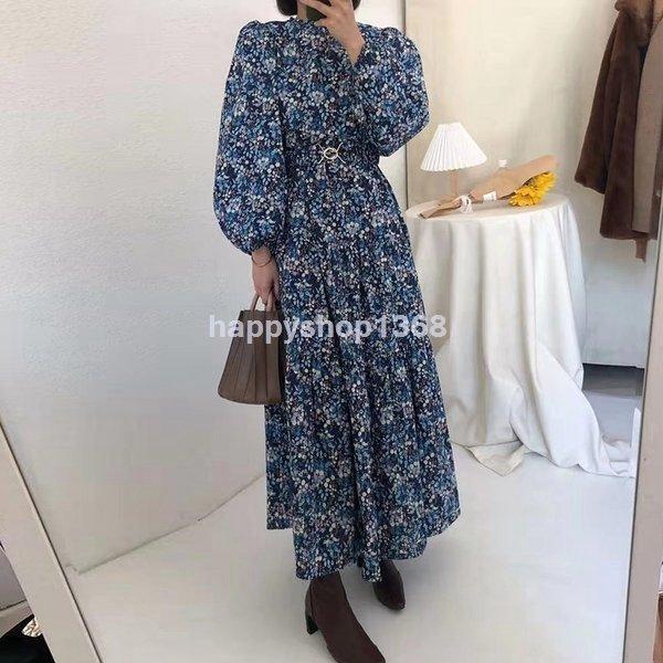 レトロワンピース ロング ワンピース Flower フラワー 花 白 青 黒 春夏秋 オフィス 韓国 無地 ウエストスリム シャツ 長袖 ウエスト ホワイト ブラック ブルー 登場