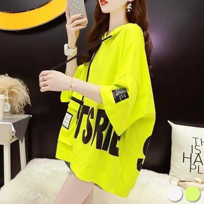 レディース パーカー 半袖 フード ビッグシルエット Big ネオンカラー プリント ポケット カジュアル アメカジ 韓国ファッション M L Xl 2xl 8074 Zi On 通販 Yahoo ショッピング