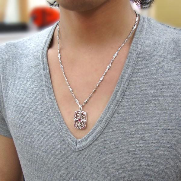 ルビー シルバー クロス メンズネックレス 唐草 ペンダント