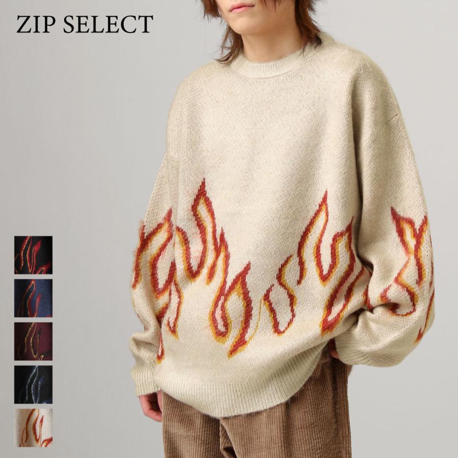 クルーネックニット メンズ ニット セーター オーバーサイズ ビッグ モヘア ファイヤー柄 ファッション Zip 通販 Paypayモール