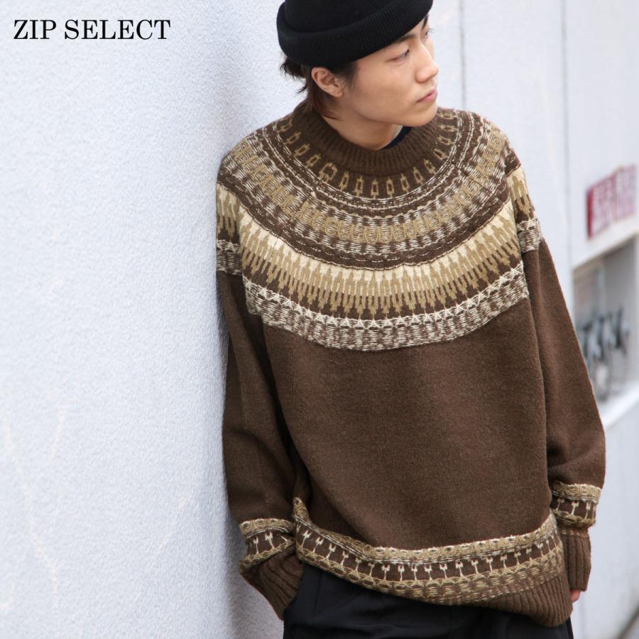 クルーネックニット メンズ ニット クルーネック 求心柄 セーター ビッグシルエット ノルディック柄 ファッション Zip 通販 Paypayモール