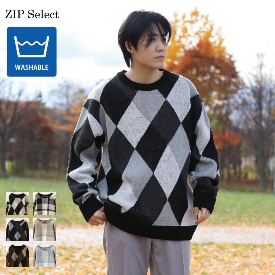 クルーネックニット メンズ ニット セーター ルーズサイズ ビッグシルエット クルーネック アーガイル柄 古着風 ファッション 23 Zip 通販 Paypayモール