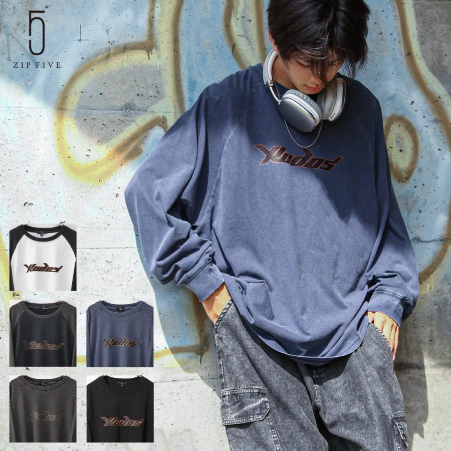 ZIP FIVE ロンT メンズ ピグメント加工 ロゴT ヴィンテージ風 ZIP FIVE ロンT メンズ ピグメント加工 ロゴT ヴィンテージ風