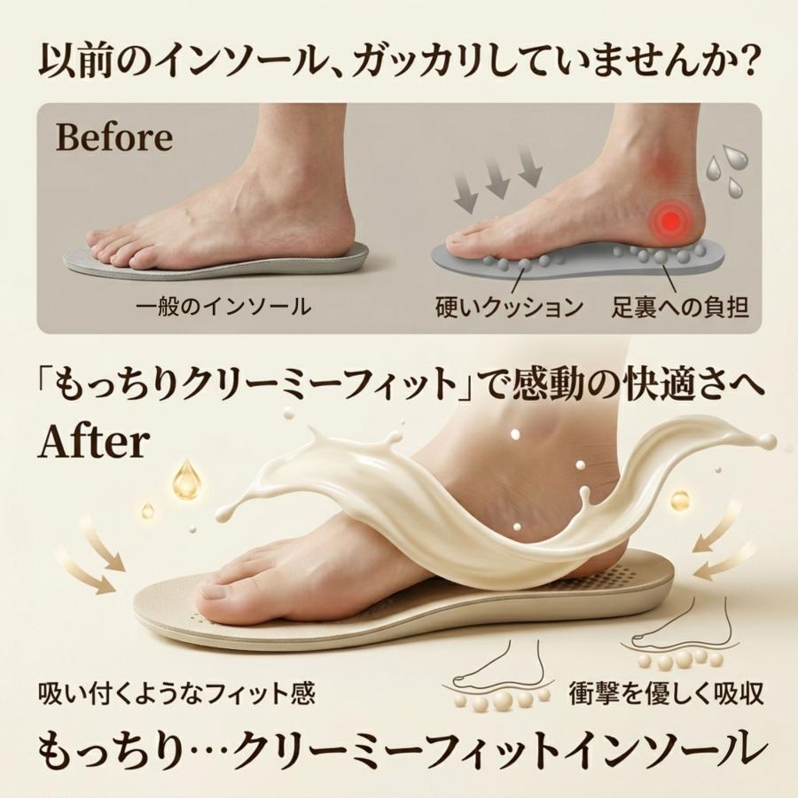 インソール 疲れない 衝撃吸収 中敷き クリーミーインソール つま先クッション 靴ずれ防止 革靴 足裏保護パッド 柔らかい 本革 |  | 03