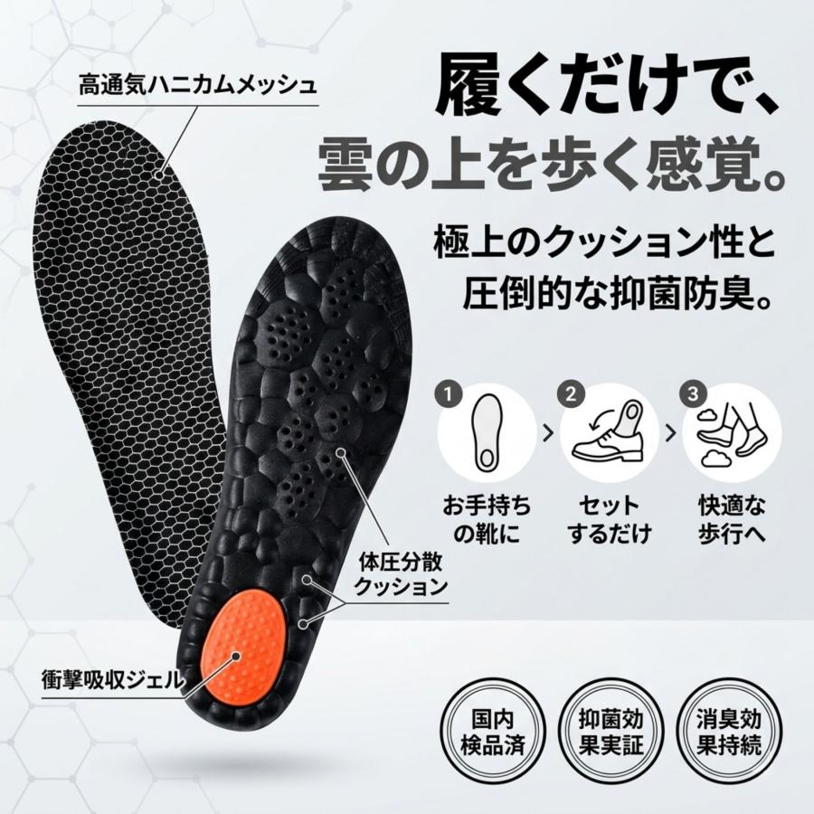 インソール 雲の上のインソール 疲れない 衝撃吸収 中敷き スポーツ 消臭 足底筋膜炎 外反母趾 スニーカー 扁平足 o脚 靴 ブラック プラス |  | 03