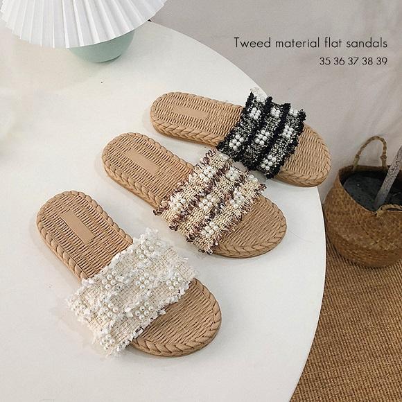 サンダル レディース フラットサンダル ツイード調 フェイクパール ビーズ Ss ぺたんこ 韓国ファッション 靴 歩きやすい 春夏 オルチャン カジュアル Ys 大人の韓国ファッション Loveberry 通販 Yahoo ショッピング