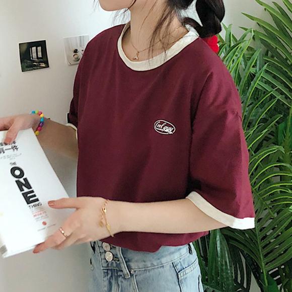 バイカラーTシャツ 半袖 カジュアル  シンプル トップス 英字ロゴ ワンポイント ラフ スポーティ ワンマイル 韓国ファッション 春 夏｜zipangu-store｜09