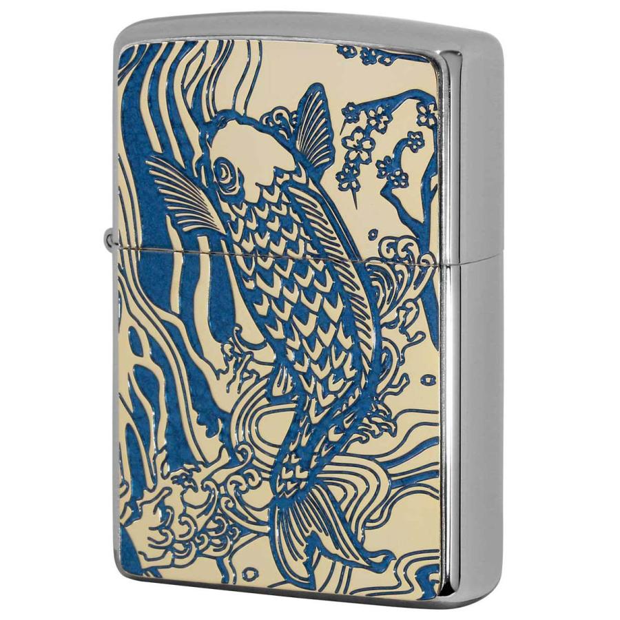 Zippo ジッポライター 鯉 カープ ブルー ＃200 ゴールドプレート 両面加工 ニッケルメッキ 2MPP-Carp BL GP メール便可 Zippo ジッポー 鯉 カープ グレー ＃200 ゴールドプレート 両面