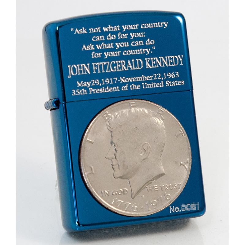 ZIPPO アメリカ合衆国 第35代大統領 ジョン・F・ケネディ 建国200年記念コイン張付け 2005年製 ブルーチタンメッキ ジッポーライター