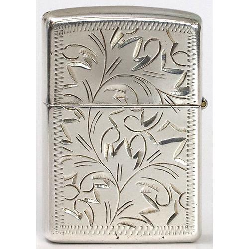 ZIPPO 純銀ジッポー#15 2面彫、手彫唐草柄2005年製、中古品