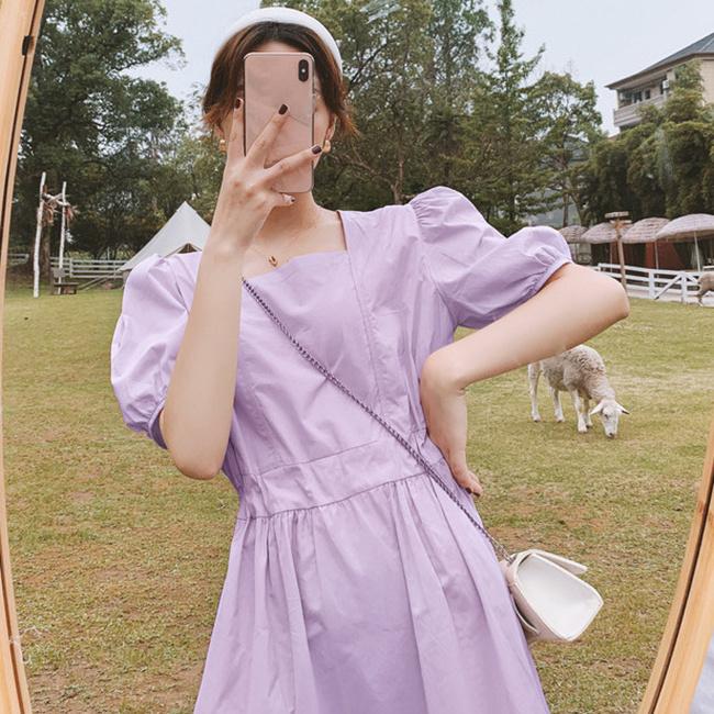 ワンピース フレアワンピース 夏新作 半袖 パフスリーブ マキシ