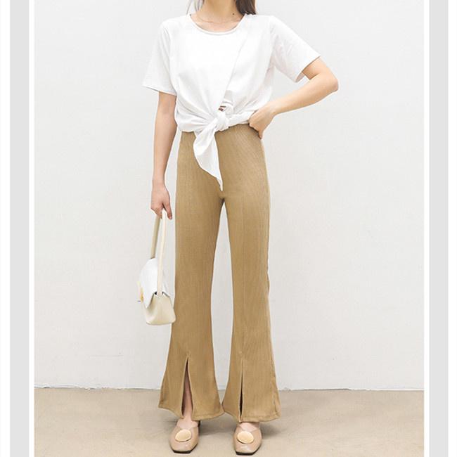 フレアリブパンツ レディース パンツ スリット リブニット フレア