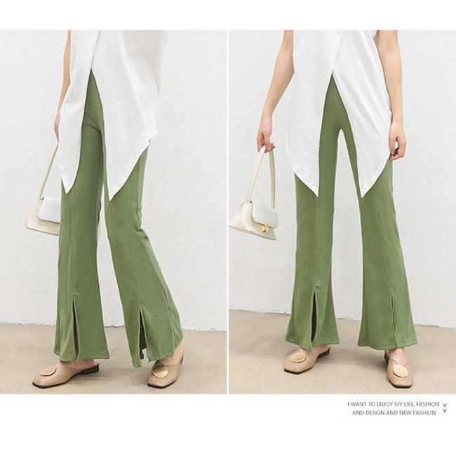 フレアリブパンツ レディース パンツ スリット リブニット フレア
