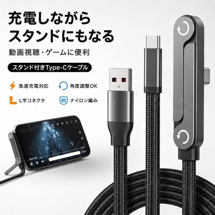 充電ケーブル スタンド付き Type-C iphone ケーブル スマホスタンド一