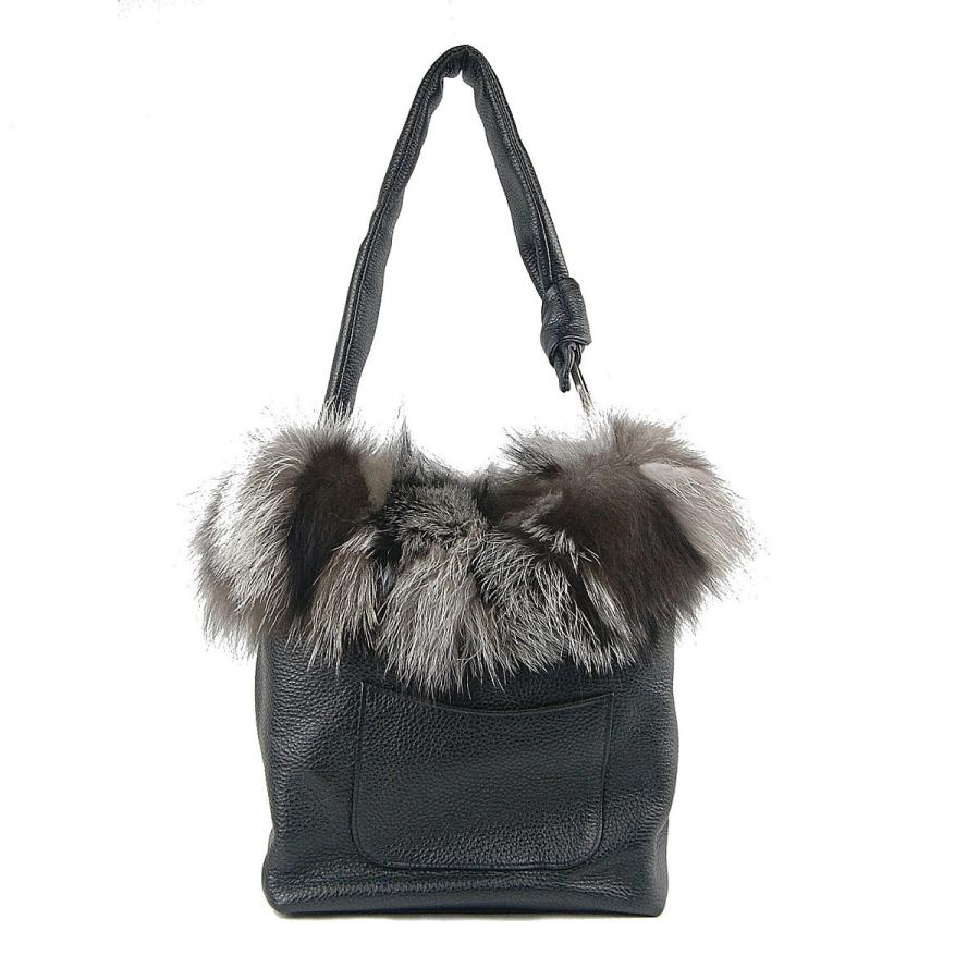 イタリア製 フォックスファー付き 本革 ワンショルダー ハンドバッグ