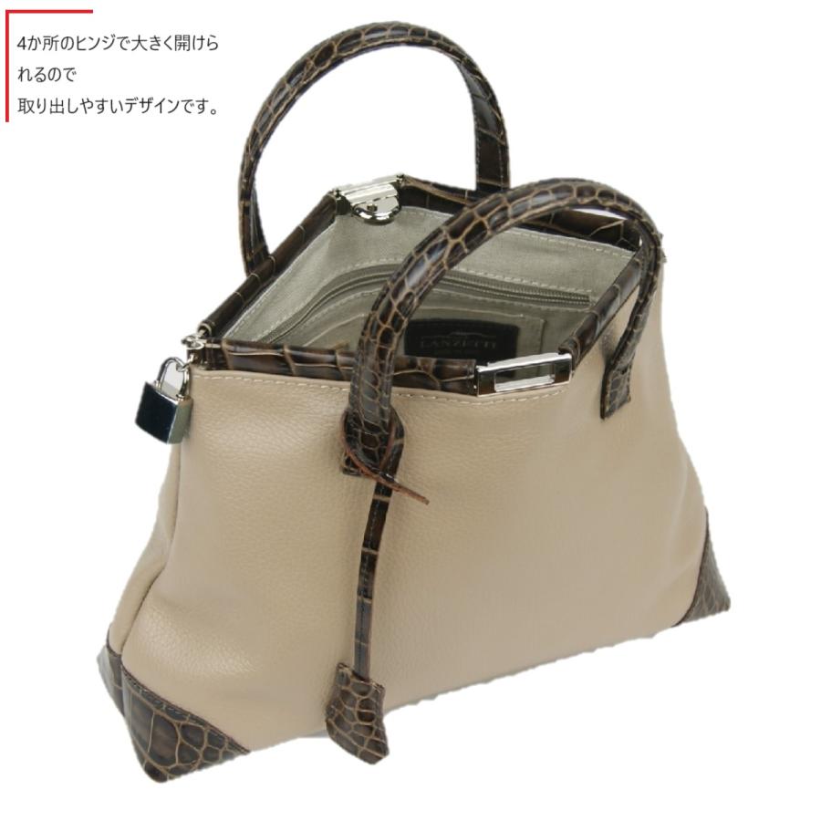 ハンドバッグ クロコダイル調 本革バッグ ショルダー レディースバッグ上品 エレガント LANZETTI イタリア製 売れ筋 個性的 ダークベージュの画像