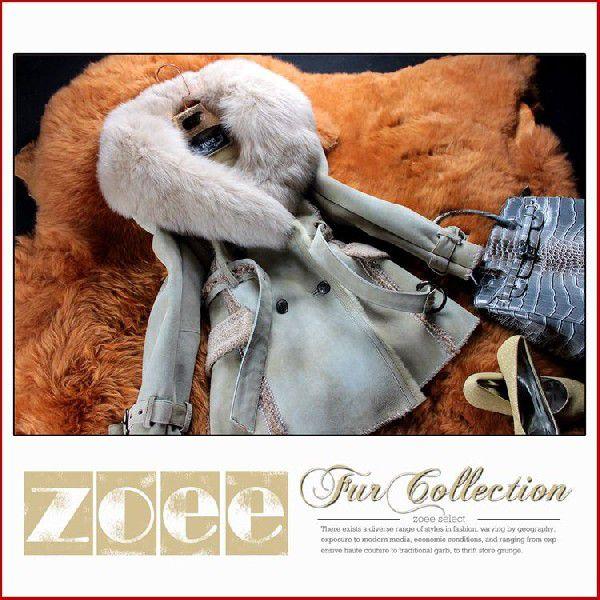 ボリューム フォックスファー襟　Wフェイス オーストラリア産 ラムムートン　ステッチデザインコート　ベルト付き　a1081　グレーベージュ