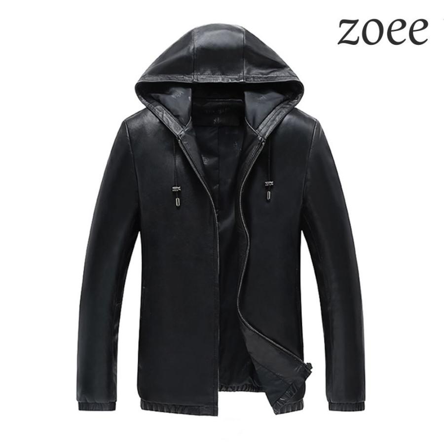 ライダースジャケット メンズ 秋冬 フード付き ラムレザー 本革 革ジャン シングル 男前 レザージャケット アウター ブラック L〜5L e004