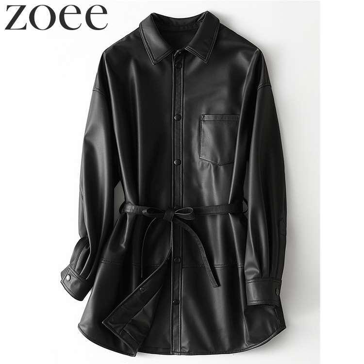 ラムレザーコート レディース 秋冬 アウター 本革 ベルト付き ブラック