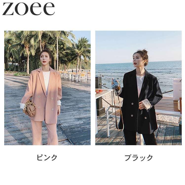 セットアップスーツ レディース 春 秋 アウター 薄手 ジャケット&パンツの2点セット ピンク/ブラック S/M/L/2L h1s19 |  | 01