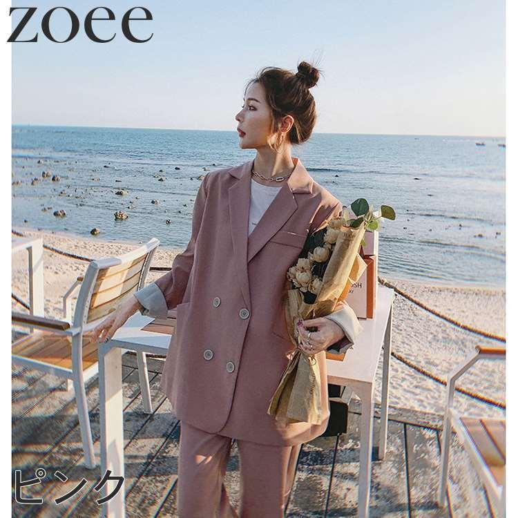 セットアップスーツ レディース 春 秋 アウター 薄手 ジャケット&パンツの2点セット ピンク/ブラック S/M/L/2L h1s19 |  | 02