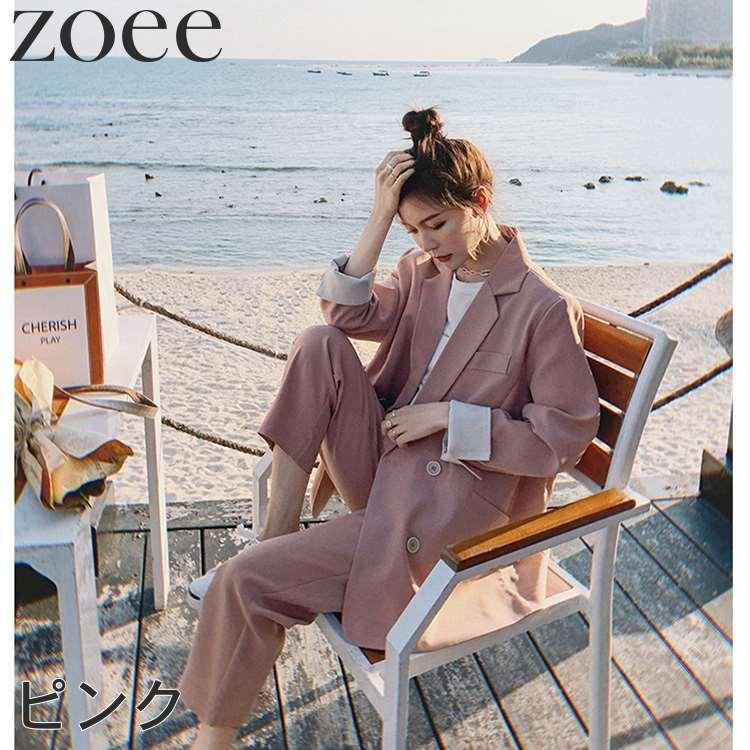 セットアップスーツ レディース 春 秋 アウター 薄手 ジャケット&パンツの2点セット ピンク/ブラック S/M/L/2L h1s19 |  | 03