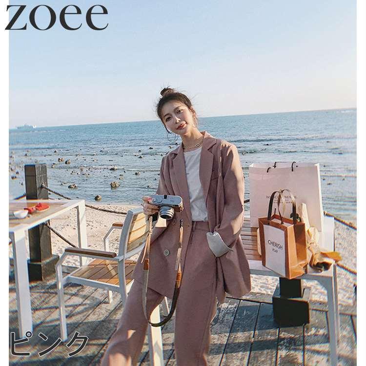 セットアップスーツ レディース 春 秋 アウター 薄手 ジャケット&パンツの2点セット ピンク/ブラック S/M/L/2L h1s19 |  | 04