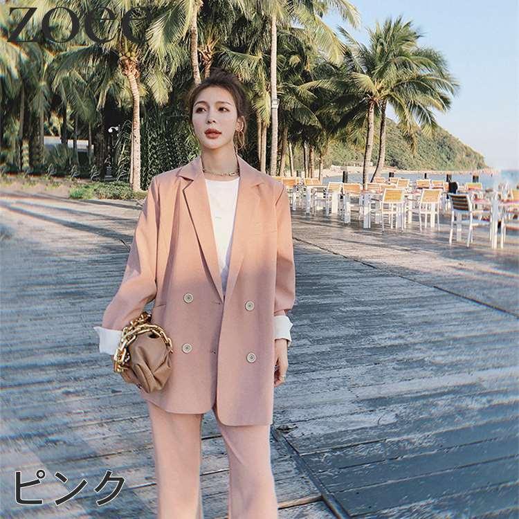 セットアップスーツ レディース 春 秋 アウター 薄手 ジャケット&パンツの2点セット ピンク/ブラック S/M/L/2L h1s19 |  | 06