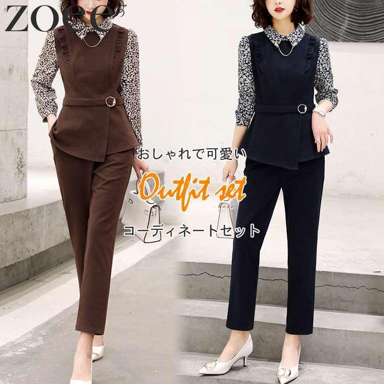 トップス・パンツの2点コーディネートセット レディース 春 秋 長袖 ブラウス ネイビー/ブラウン M/L/2L/3L h1x03