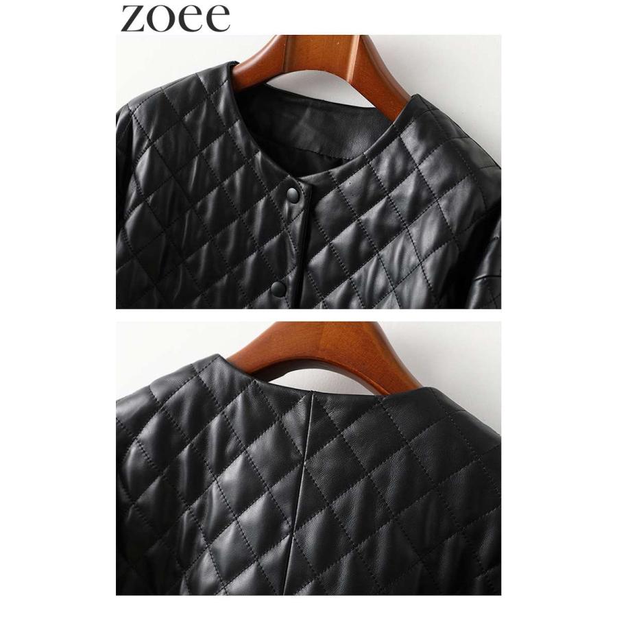 ノーカラーラムレザーダウンジャケット 8分袖 レディース 秋冬