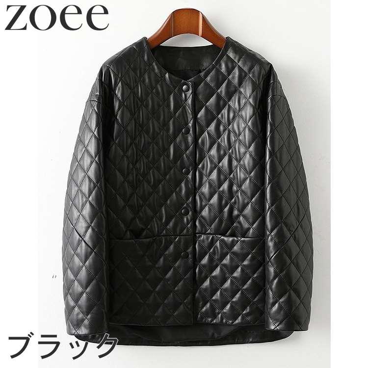 その他アウター ブラック   ラム革 11号 ノーカラーラムレザーダウンジャケット 8分袖 レディース 秋冬